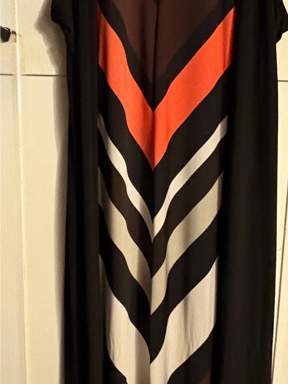 Dark Brown Maxi Stretch Dress with Orange and Cream Chevron Panels